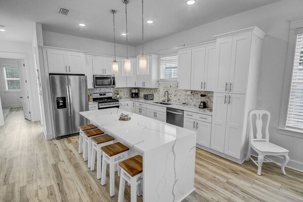 Fridge, microwave, dishwasher, coffee/tea maker