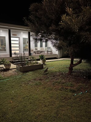 A house with a covered porch, potted plants, and a small tree. - Lily Pad Beach House (Agnes Water)