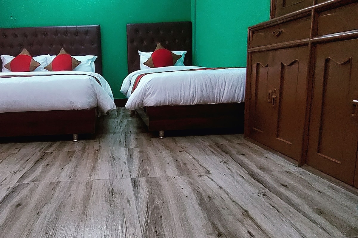 Una habitación con dos camas, suelo de madera y paredes verdes.