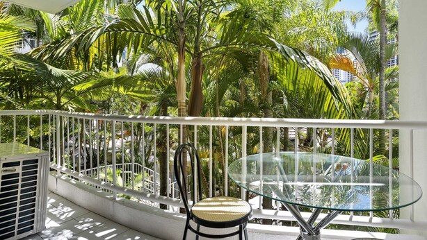 A balcony with a glass table and chairs, surrounded by lush tropical plants and a white railing. - Unit 24-24 Hamilton Ave Surfers Paradise (Surfers Paradise)