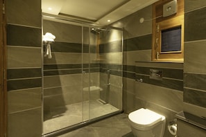 Une salle de bain moderne avec une douche à parois de verre, des toilettes et un meuble-lavabo en bois doté d’un miroir.