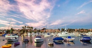 Moored boats line the marina, offering a serene waterfront experience.