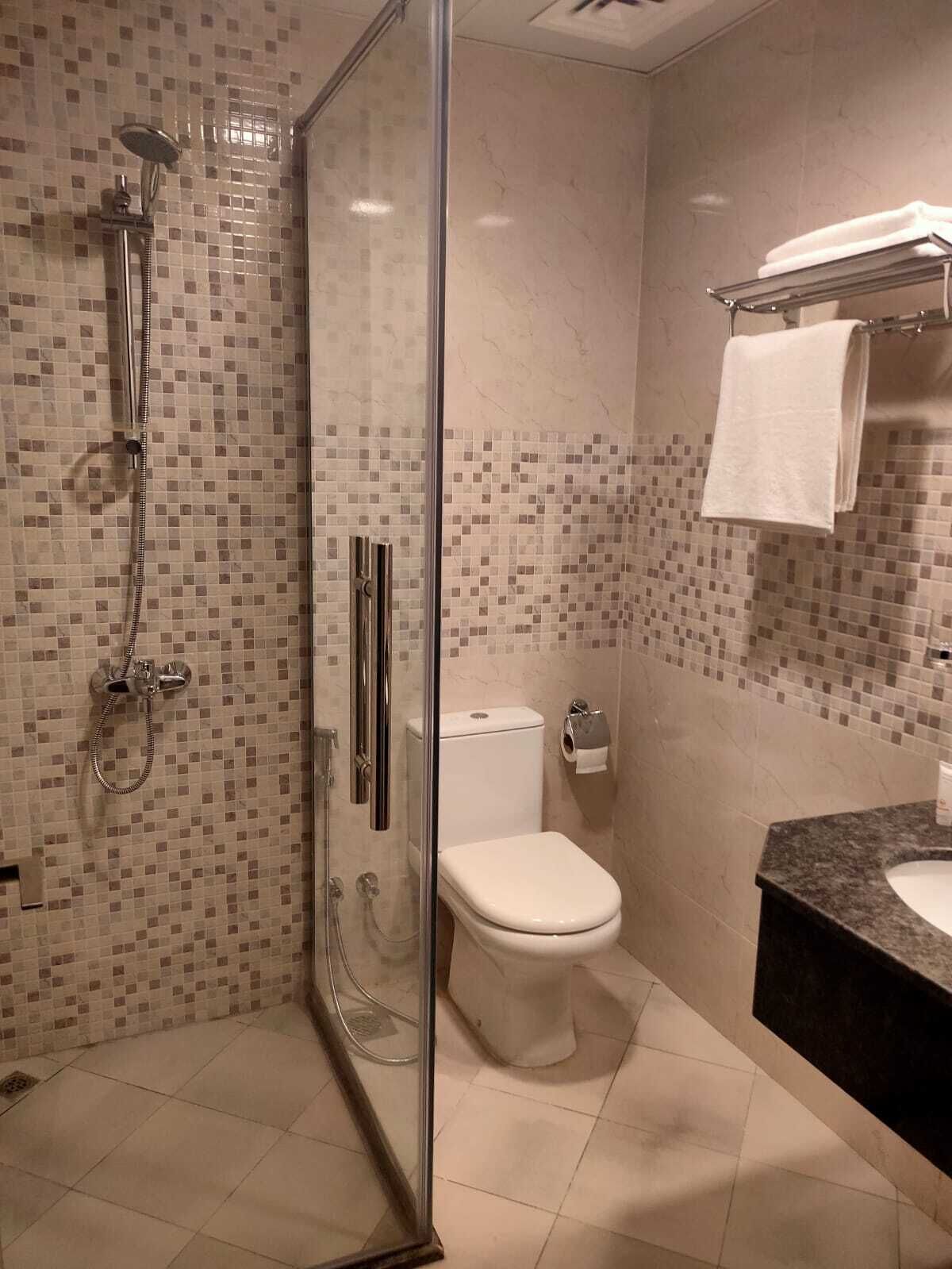 Een haardroger, handdoeken, toiletpapier
