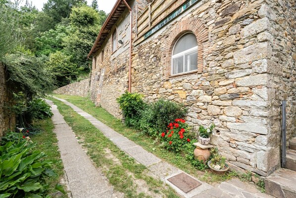 Un edificio de piedra con un sendero estrecho, rodeado de follaje y plantas en macetas.