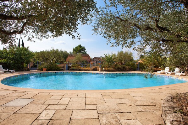 A swimming pool with a tiled edge, surrounded by a paved patio.