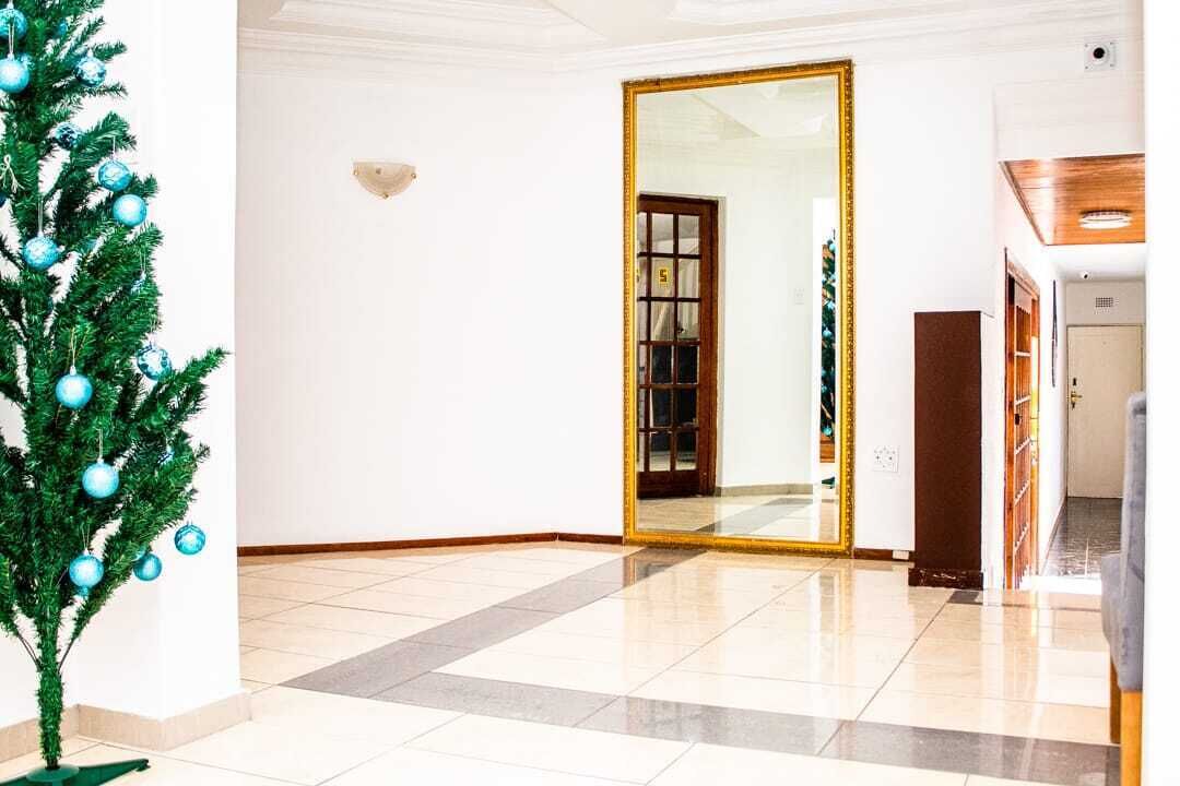 A hallway with a Christmas tree, a mirror, and a door leading to another room.