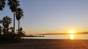 A beach with palm trees and a sunset over the water. - Studio Apartment "Roca Penthouse"no kids under 10 year, with Sea View, Shared Pool & Wi-Fi (Estepona)