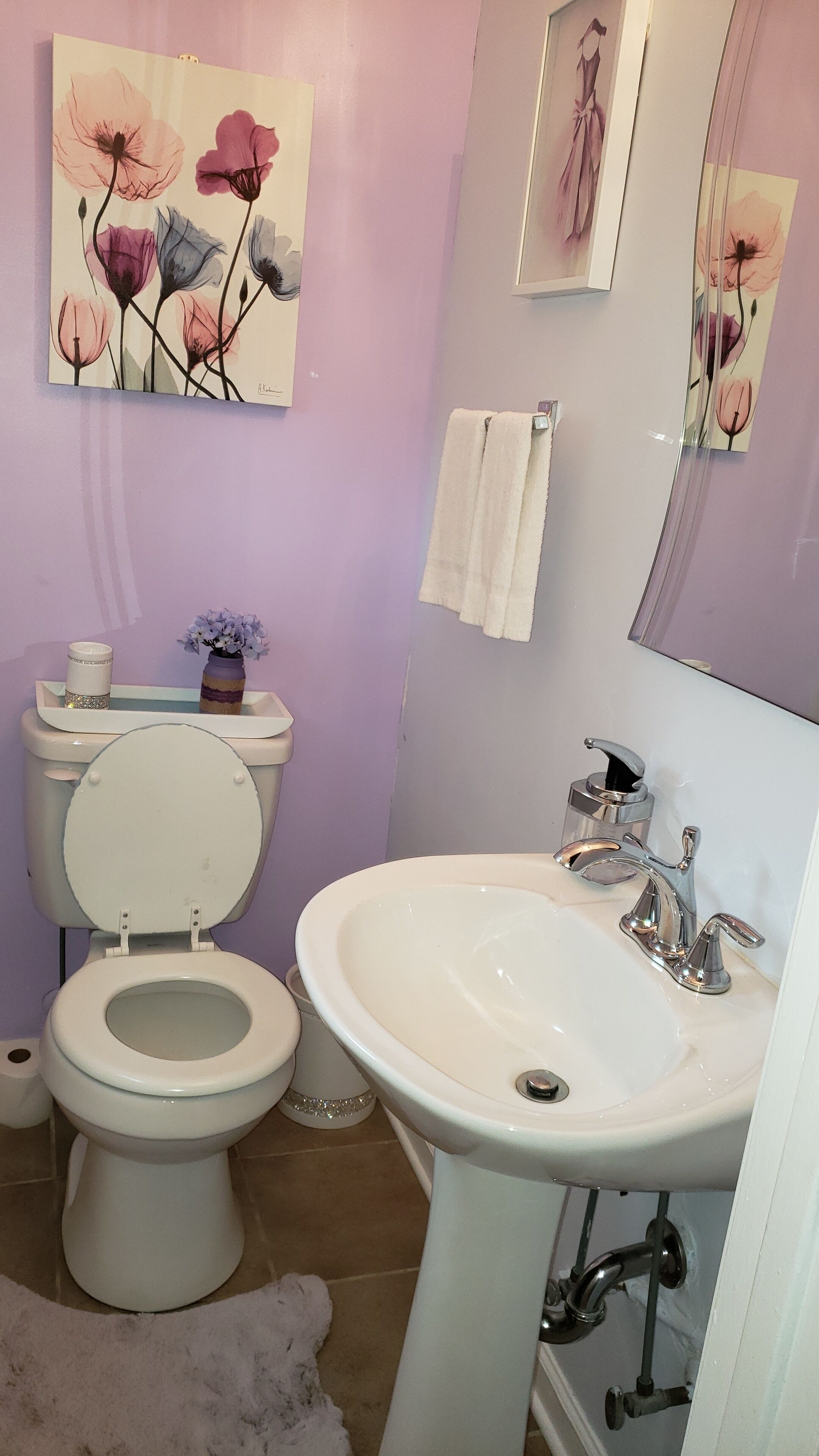 A bathroom with a toilet, sink, and decorative floral paintings on the walls.