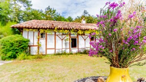 A house with a tiled roof, a window, and a door.