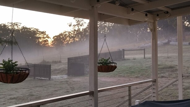 A covered outdoor area with hanging planters, a metal railing, and a view of a grassy field with trees in the background. - Lovely farm stay in the northern Granite Belt.  8 minutes from wineries. (Dalveen)