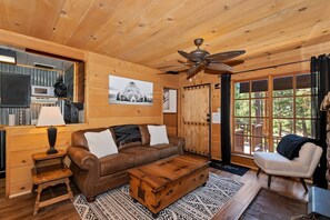 Flat-screen TV, fireplace, DVD player, video library