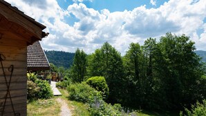 A wooden cabin with a dirt path leading to a wooden deck. - Sunny chalet in the High Vosges with terrace, bike and ski storage, all charges included (Thiéfosse)
