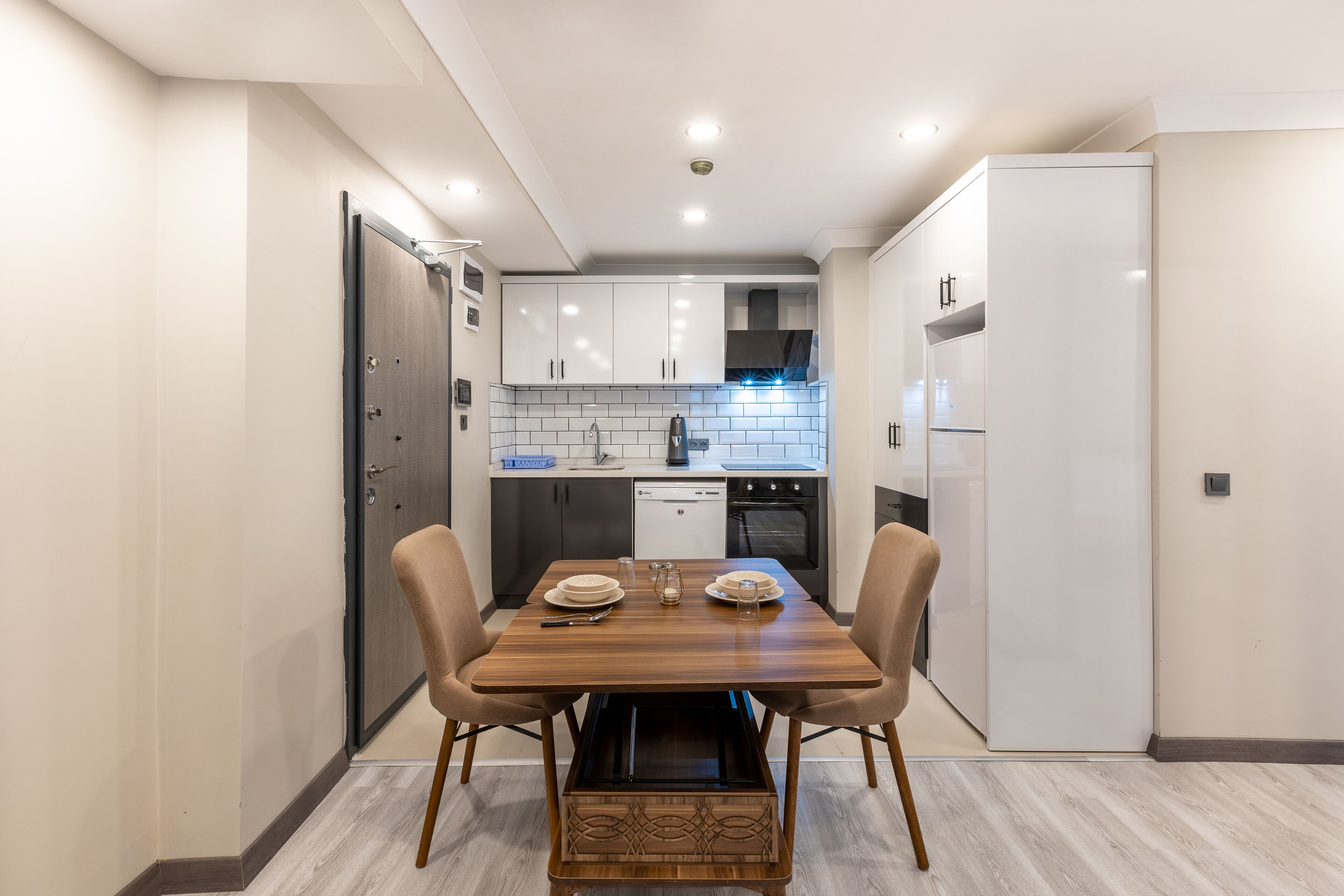 basic apartment, no windows | private kitchen | full-sized fridge, oven, stovetop, electric kettle