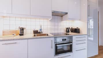 Großer Kühlschrank, Mikrowelle, Herdplatte, Geschirrspüler