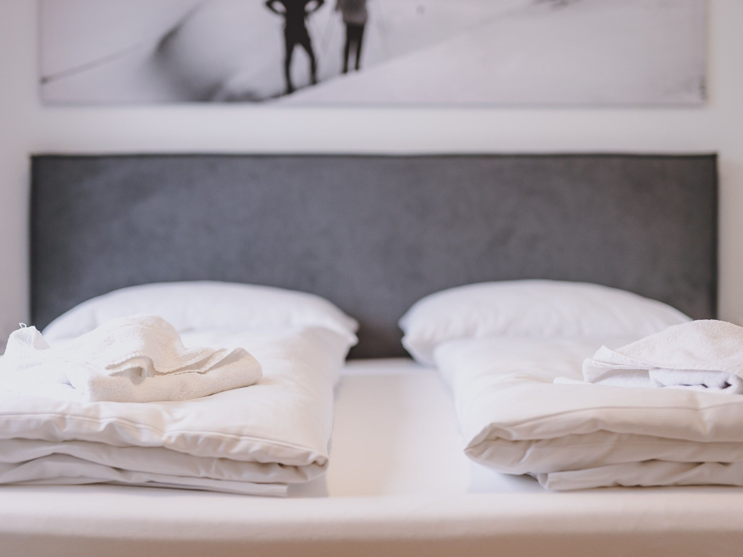 A neatly made bed with white linens and pillows, a grey headboard, and a framed picture above.