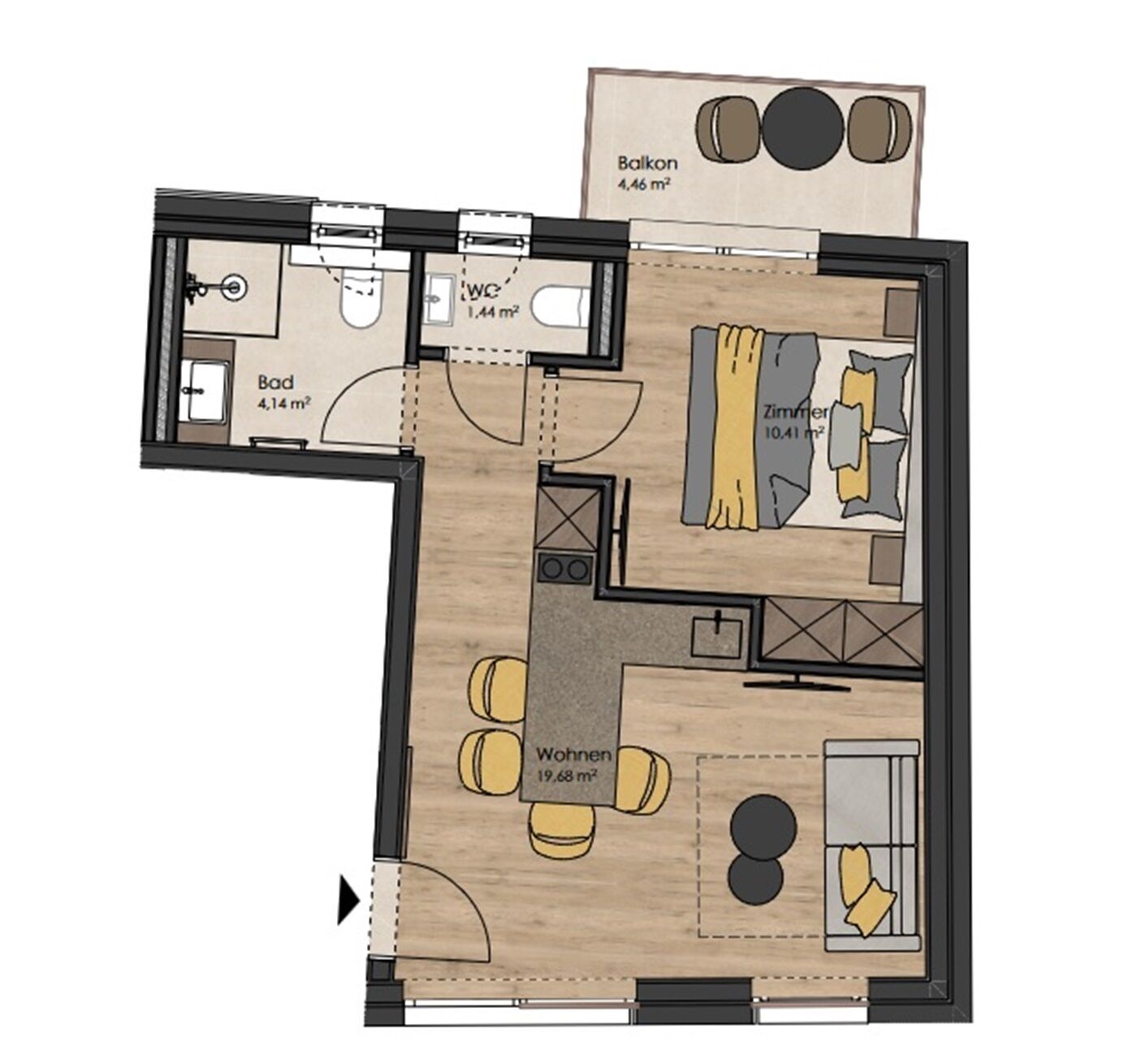 Un plan d’étage d’une chambre d’hôtel comprenant un balcon, une salle de bain, un espace de vie et un coin repas.