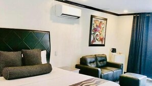 Une chambre d’hôtel avec un lit, un canapé, un ventilateur de plafond, un appareil de climatisation et un tableau au mur.