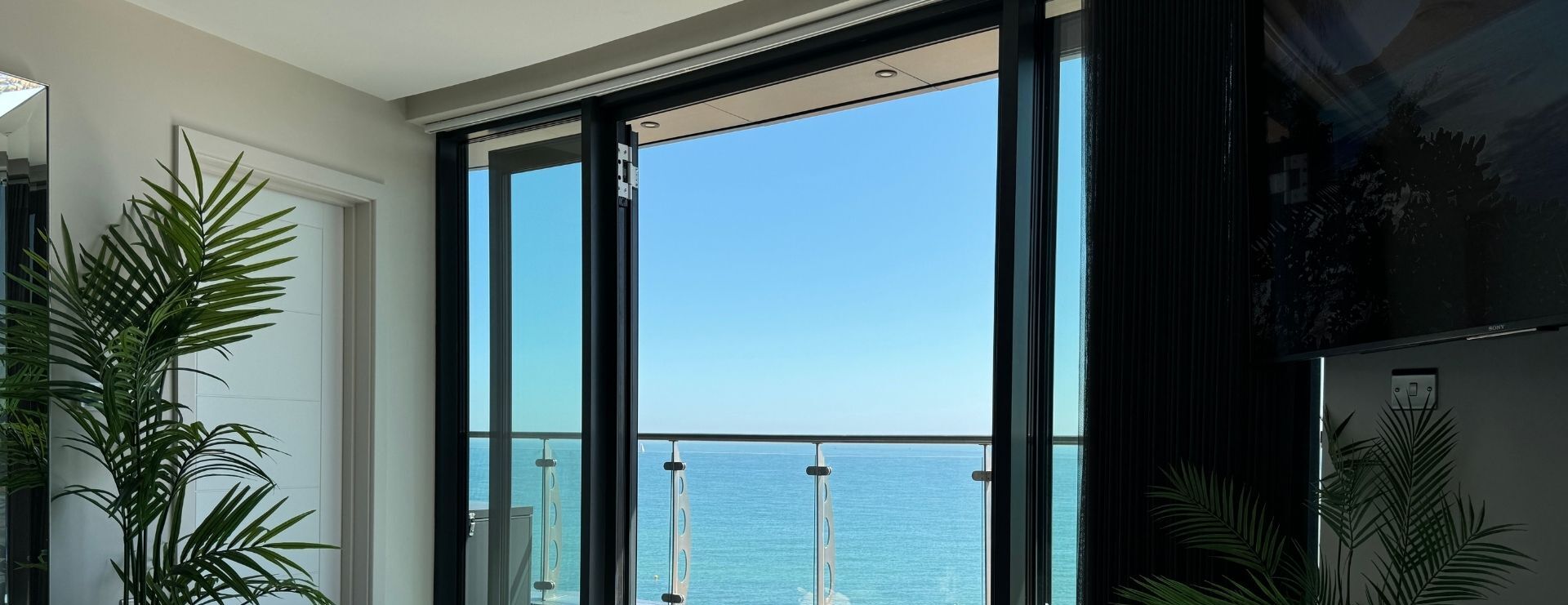 A balcony with a clear view of the sea, a Sony refrigerator, and a potted plant.