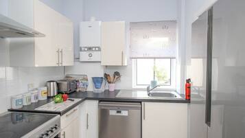 Fridge, dishwasher, electric kettle, toaster