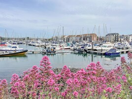 Marina con varias embarcaciones amarradas, rodeada de edificios y flores rosadas en primer plano.