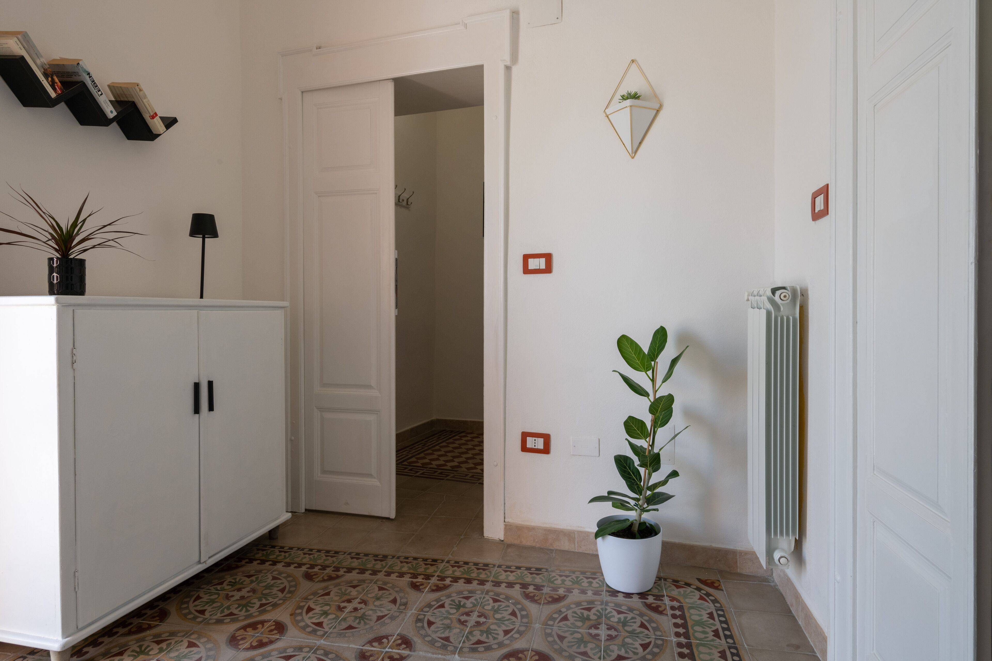 Un corridoio con una porta bianca, una pianta in vaso, un termosifone e un pavimento decorato.