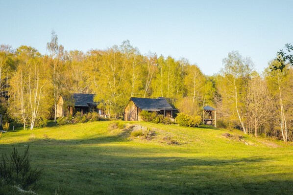 Une cabane rustique au toit de chaume, entourée d’un champ verdoyant et luxuriant et d’une forêt dense.