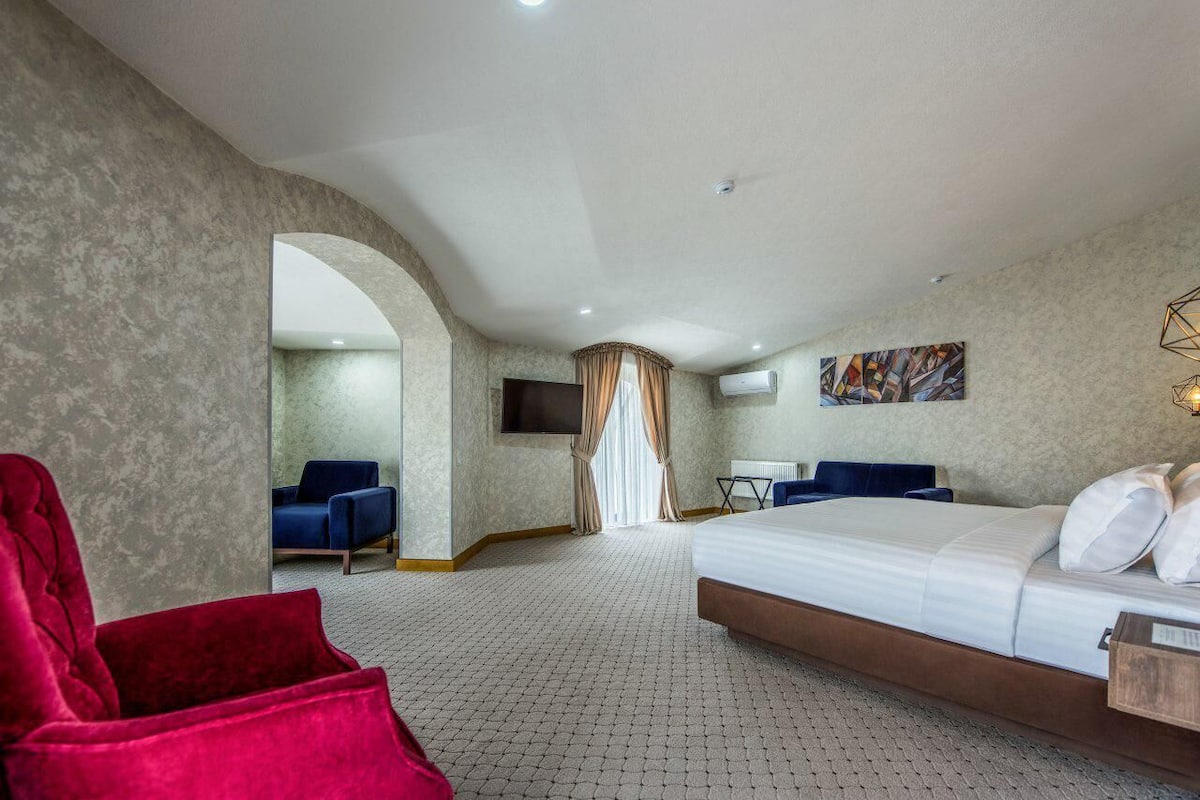 A hotel room with a bed, a red chair, a blue chair, a TV, and a painting on the wall.