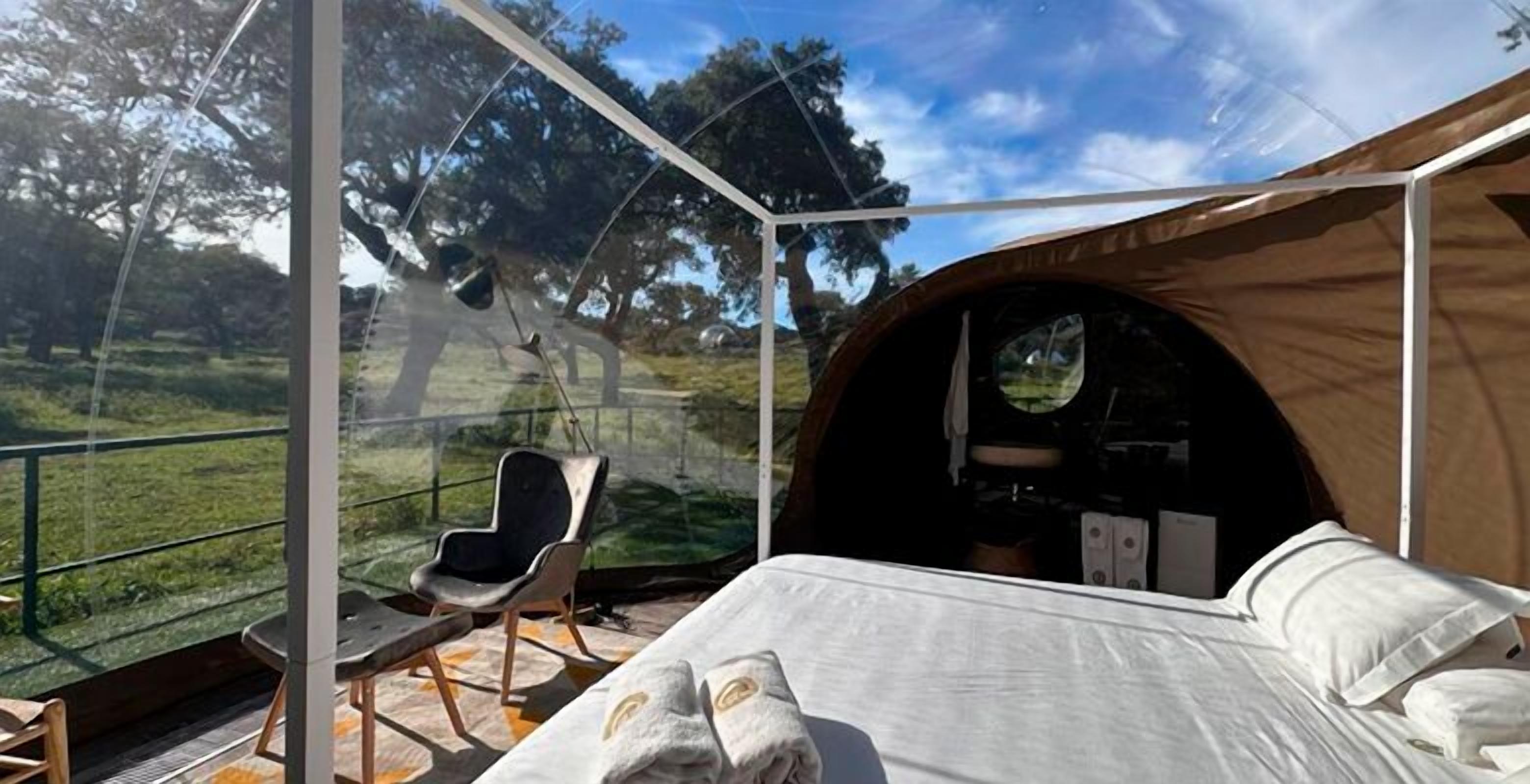 Habitació amb tenda, un llit, una cadira i vista a l'exterior.