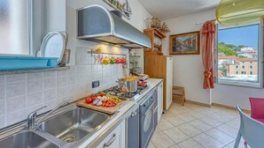 Une cuisine moderne équipée d’une cuisinière, d’un évier et d’une fenêtre donnant sur des immeubles.
