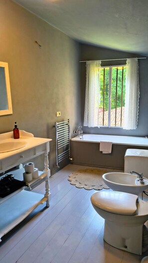 Regadera, secadora de cabello, bidet, toallas 
