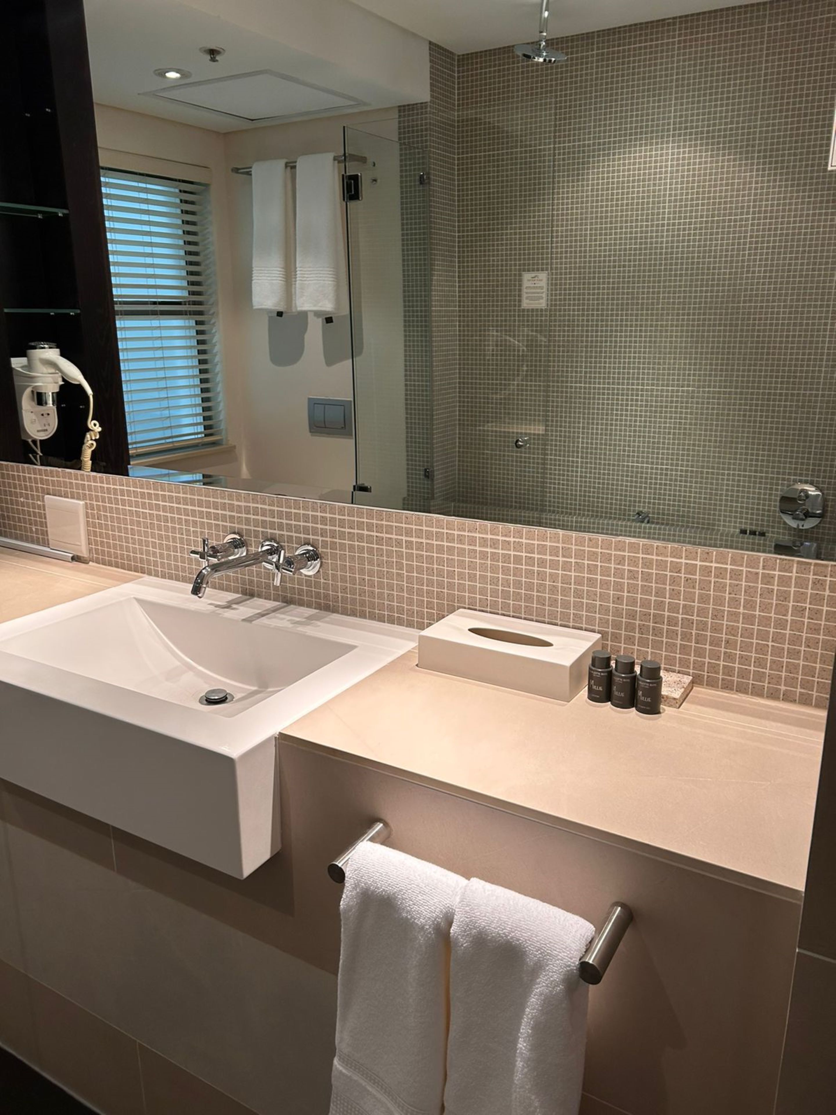 A modern bathroom with a large sink, a mirror, and a glass shower enclosure.