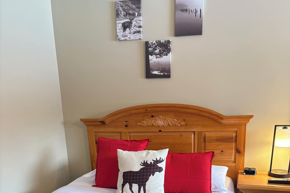 A bed with a red and black checkered bedspread, two red pillows, and a moose pillow. There are two wall-mounted pictures above the bed.