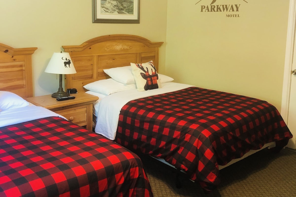 A hotel room with two beds, a nightstand with a lamp, a framed picture on the wall, and a sign for Parkway Motel.