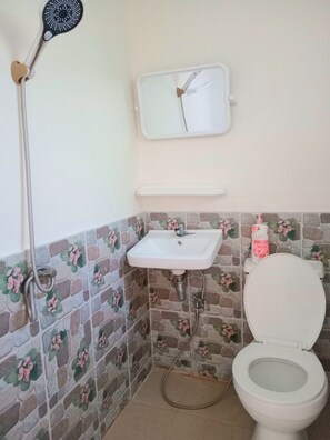A bathroom with a shower, sink, toilet, and a mirror. - Ozone at farm (Chom Bueng)