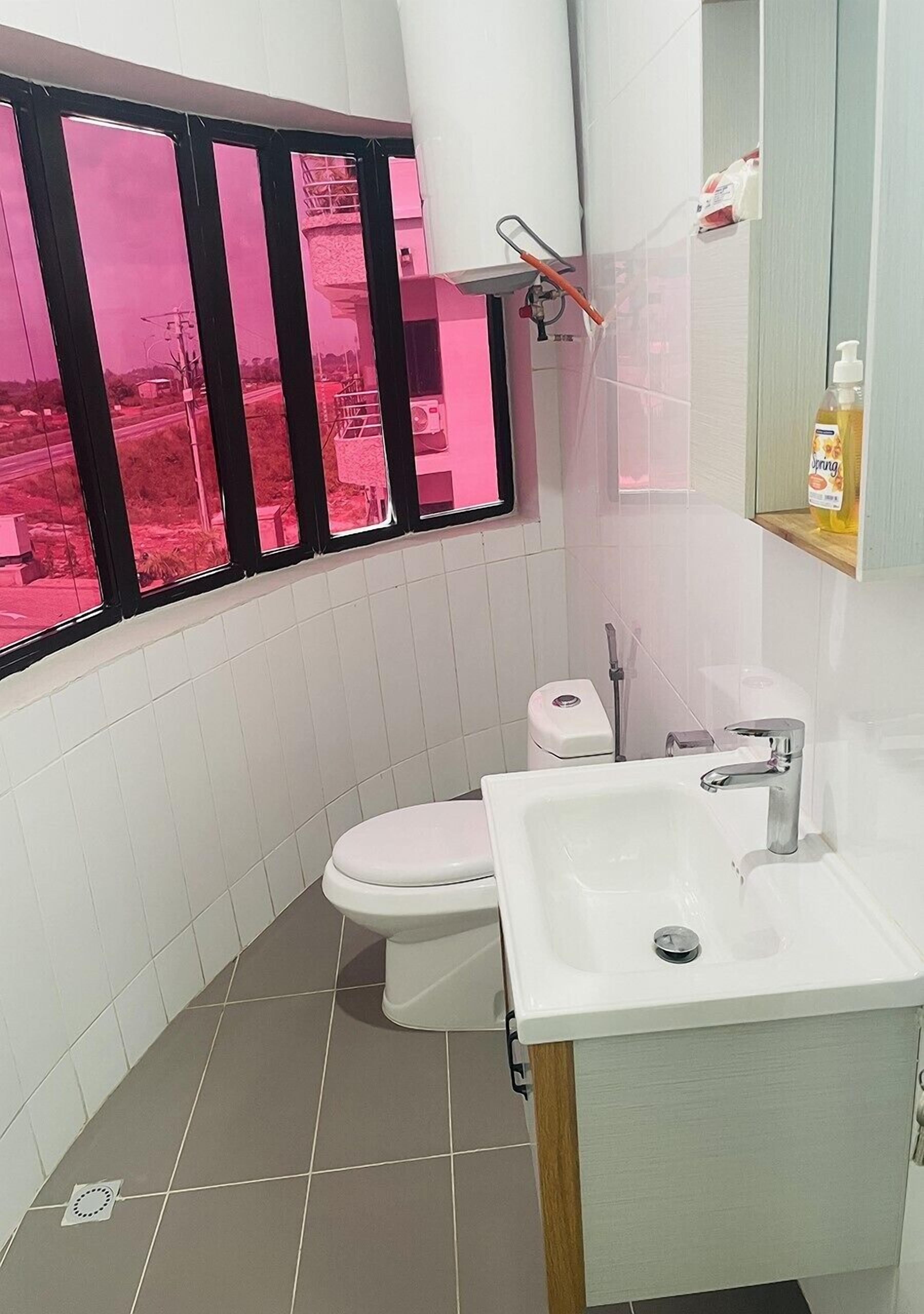 A bathroom with a toilet, sink, and window.