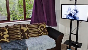Un salon avec un canapé, un téléviseur posé sur un meuble et une fenêtre avec des rideaux.
