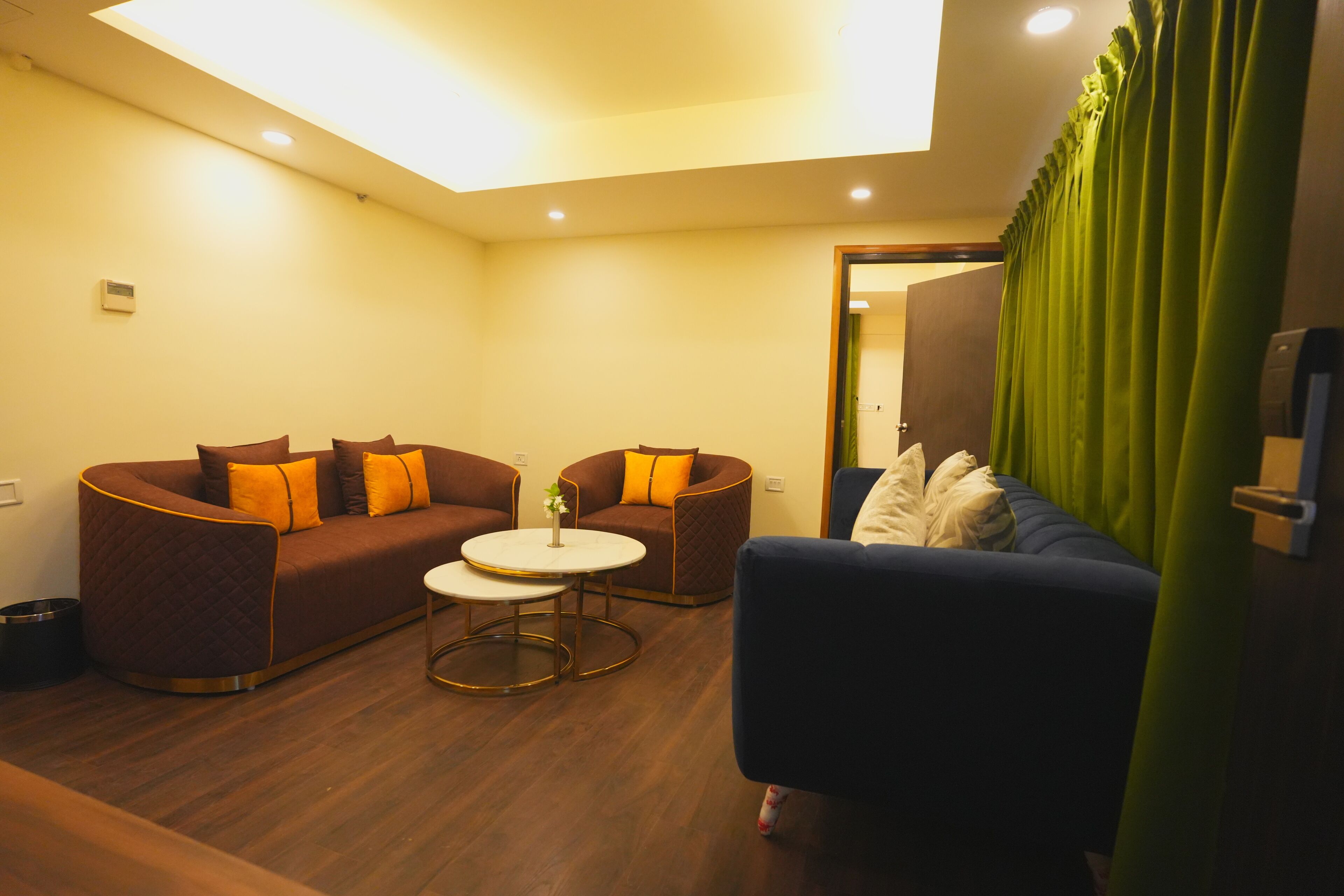 A modern living room with a sofa, armchair, and coffee table, featuring a skylight and green curtains.