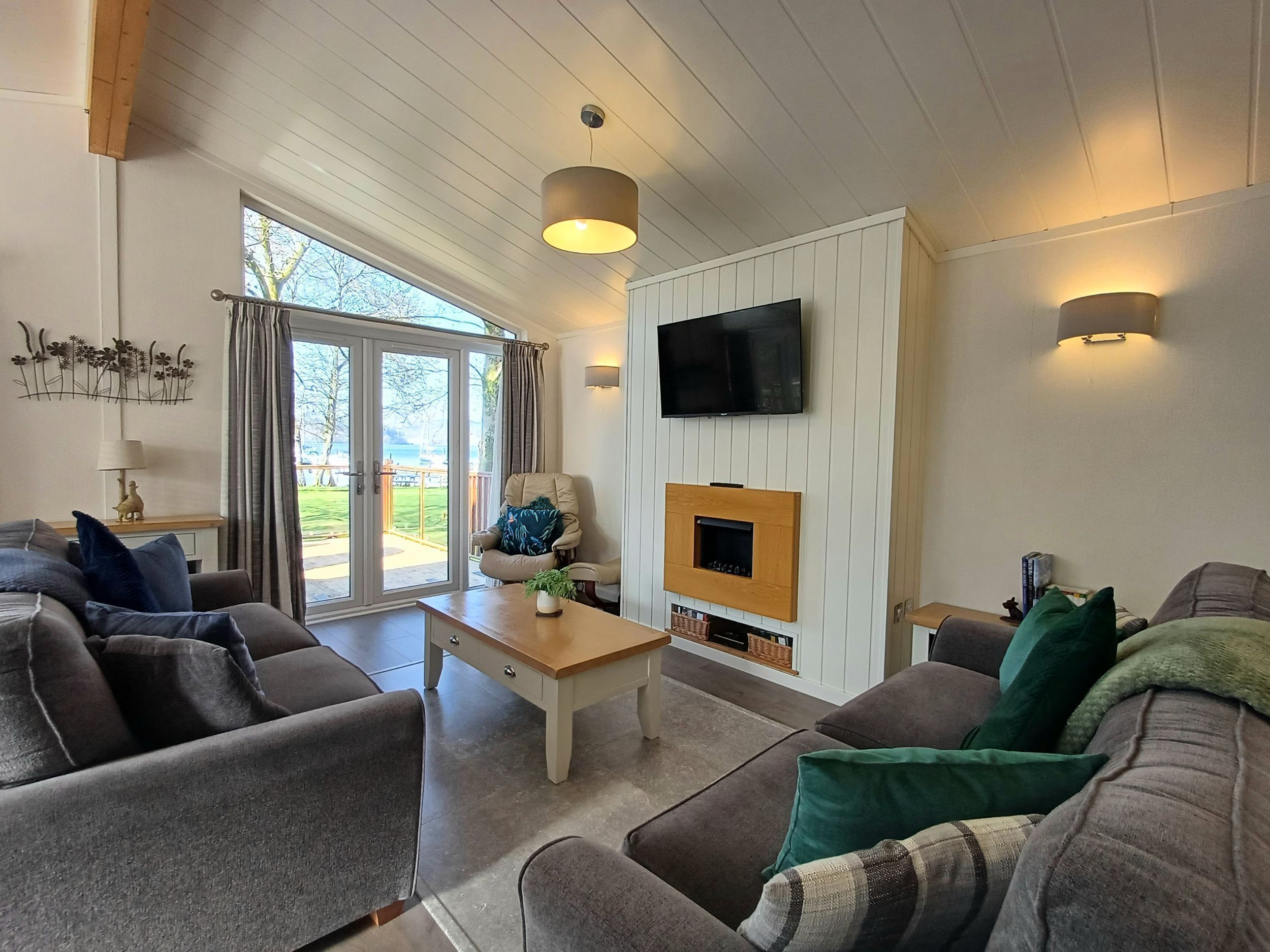 TV connectée, cheminée, livres