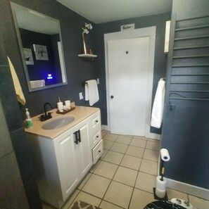 Hair dryer, bidet, towels, soap