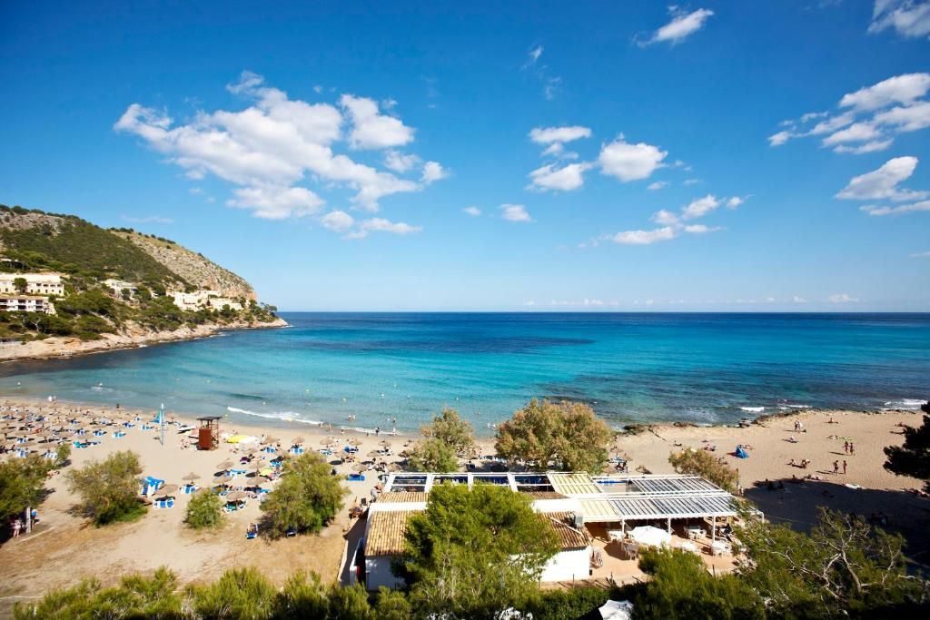 Escena de playa costera con cielo despejado, arena dorada y algunos edificios al fondo.