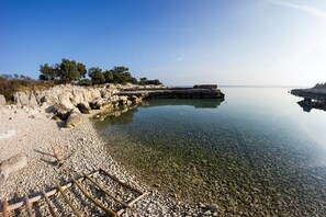 A clear, calm lake with a rocky shoreline and a stone pier extending into the water.
