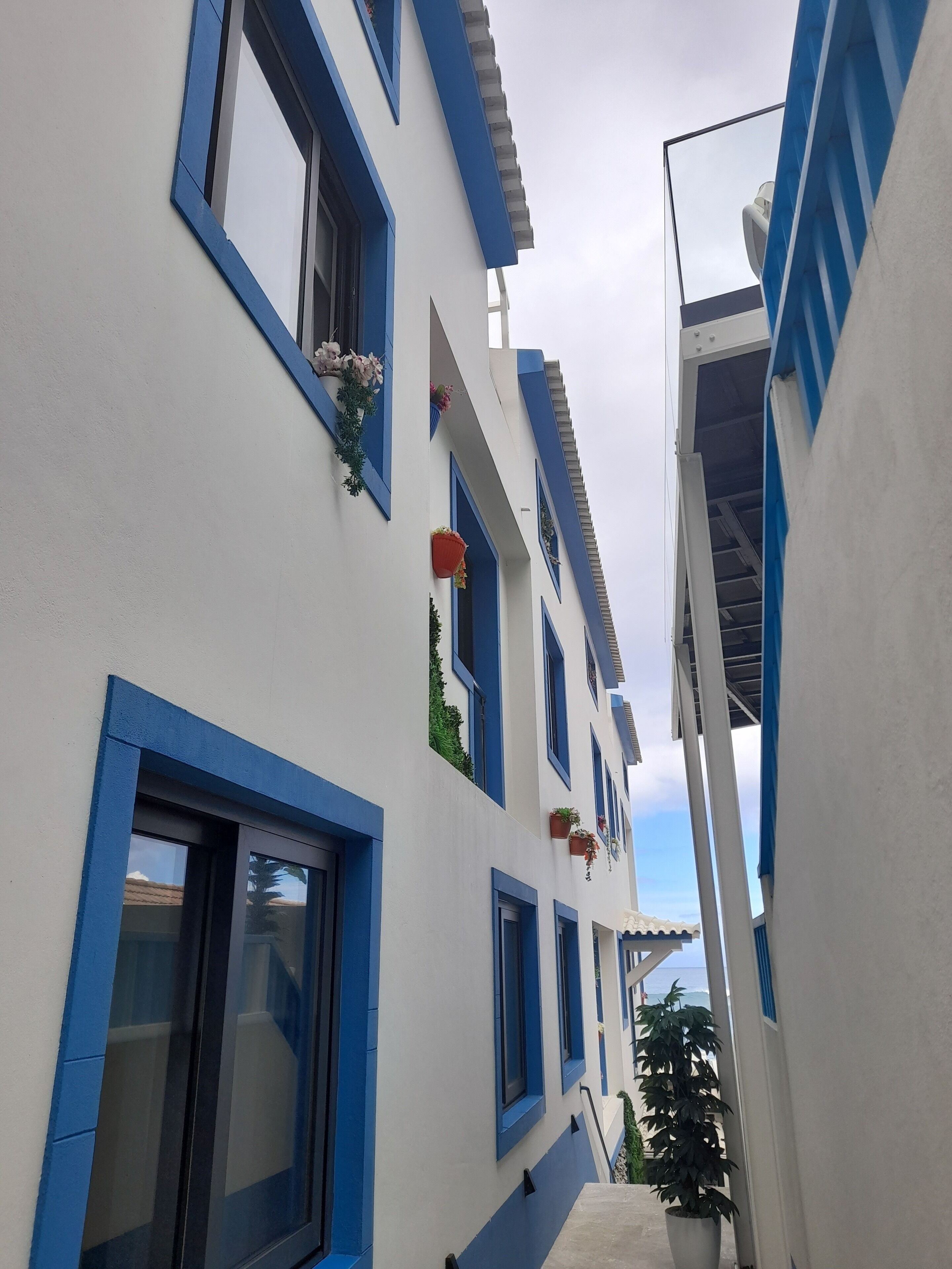 Een smalle straat met witte gebouwen, blauwe raamkozijnen en balkons.