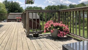 A wooden deck with a railing, a hanging flower pot, and a potted plant with pink flowers. - Quaint & Cozy 1830s Cape- Central Location! (Wiscasset)