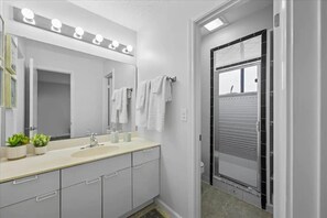 Shower, towels, toilet paper