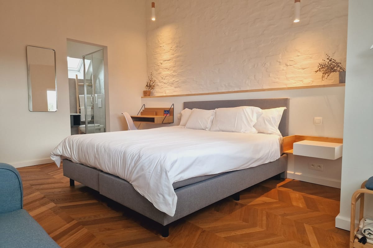 Une chambre à coucher moderne avec un grand lit, une table de chevet, un miroir et un plancher en bois.