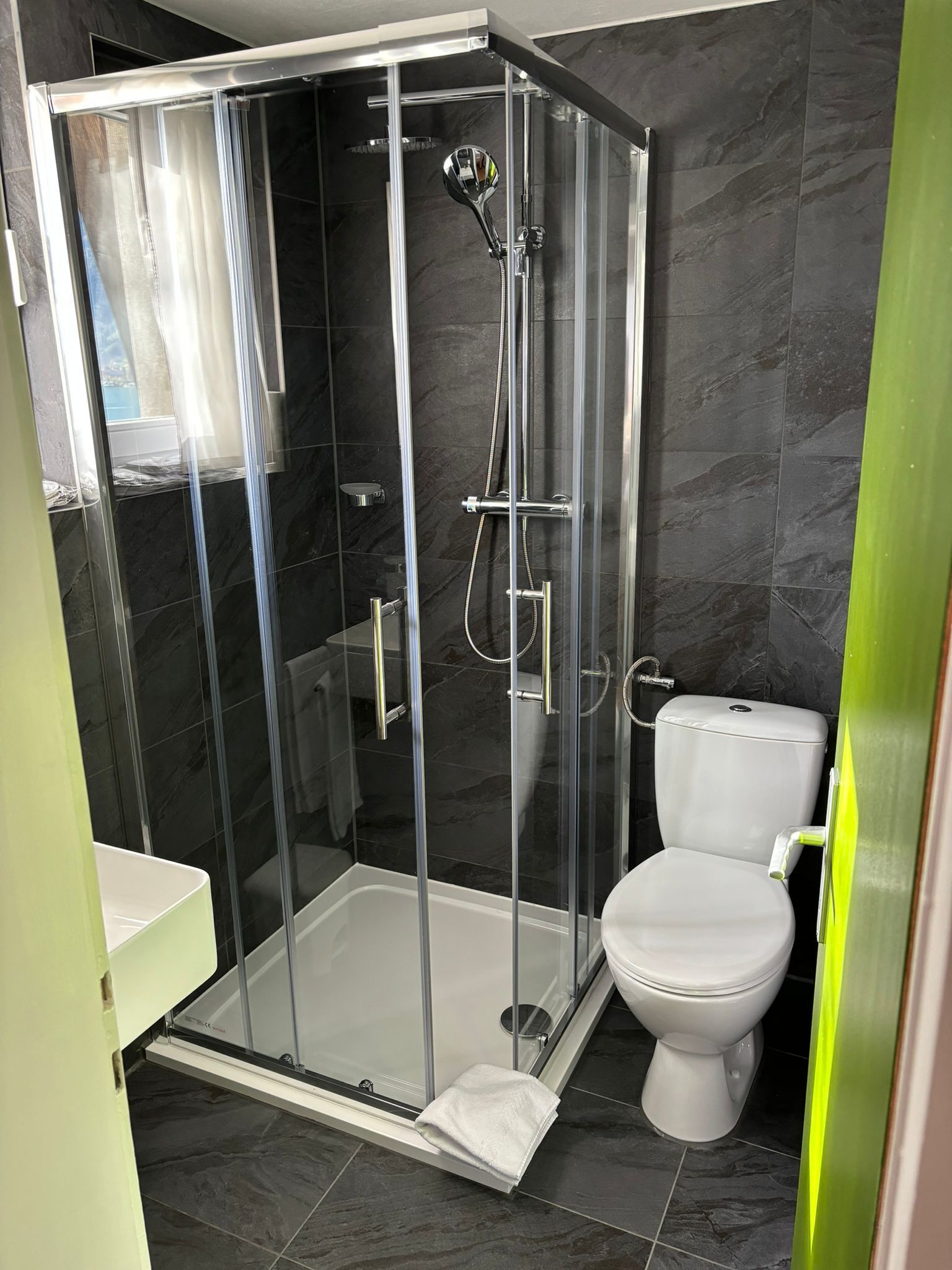 A modern bathroom with a glass-enclosed shower, a white toilet, and dark marble tiles.