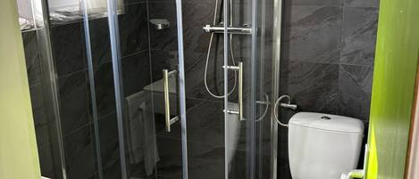 A modern bathroom with a glass-enclosed shower, a white toilet, and dark marble tiles.