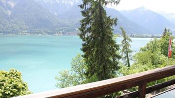 Vista de un lago con montañas al fondo, una terraza de madera y una bandera.