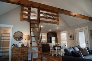 Smart TV, fireplace, books