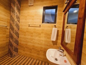 Hair dryer, towels, soap, shampoo